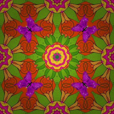 Yeşil, turuncu ve sarı renkler etnik çiçekli zarafet seamless modeli. Asya tekstil vektör çiçek çizim.