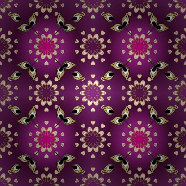 Vintage Barok çiçek süs desenli mor, beyaz ve sarı altın. Lüks, Kraliyet ve Victoria kavramı. Süslü vektör dekorasyon. Mor, beyaz ve sarı renkleri altın öğesi.