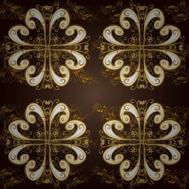 Vektör altın tekstil baskı. Süs şark süsleme. İslam tasarım. Kahverengi, siyah ve bej renkleri altın elemanları ile altın izi. Çiçek fayans.