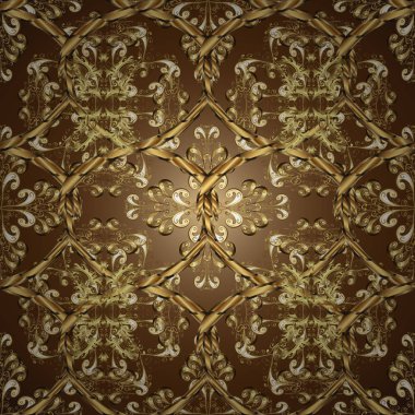 Duvar kağıdı Barok, Şam. Şık grafik desen. Altın öğeleri üzerinde kahverengi, bej ve sarı renkler. Çiçek desenli. Süs vektör arka plan.