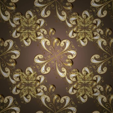 Vektör çizim. Kahverengi, bej ve sarı renkleri altın elemanları ile. Sorunsuz altın dokulu bukleler. Vektör altın desen. Oryantal tarzı arabesk.