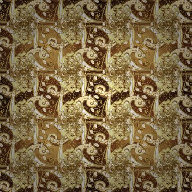Damasko Dikişsiz desen yinelenen arka plan. Antika altın yinelenebilir duvar kağıdı. Altın çiçek süsleme barok tarzı. Altın öğe üzerinde kahverengi, bej ve sarı renkler.