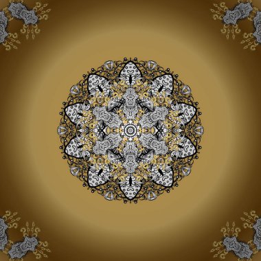 Sarı, kahverengi ve bej renkler altın öğesinde. Altın çiçek süsleme barok tarzı. Antika altın yinelenebilir duvar kağıdı. Damasko süs desen yinelenen arka plan.