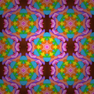 Dikişsiz desen baskı. Doodles'ın turuncu, mavi ve pembe renkler. Tasarım. Vektör. Düz öğeleri. İhale kumaş deseni.