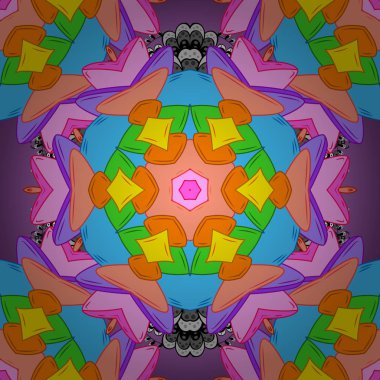 Vektör. Düz öğeleri. İhale kumaş deseni. Dikişsiz desen baskı. Tasarım. Doodles'ın turuncu, mavi ve pembe renkler.