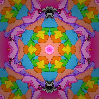 Vektör çizim. Öğeleri turuncu, pembe ve mavi renkler. Tasarım. Düz karalamalar. Sorunsuz yazdır. Şirin kumaş deseni.