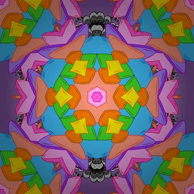 Doodles'ın turuncu, mavi ve pembe renkler. Vektör. Dikişsiz desen baskı. Moda kumaş deseni.