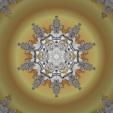 Altın çiçek süsleme barok tarzı. Sarı, bej ve beyaz renkleri altın öğesinde. Antika altın yinelenebilir duvar kağıdı. Damasko süs desen yinelenen arka plan.