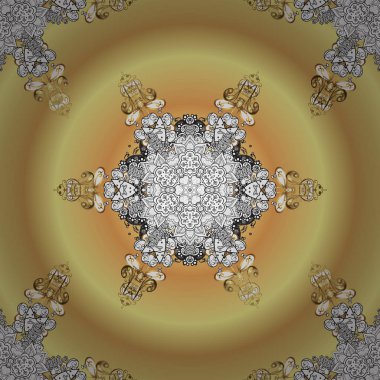 Kına dövme, altın çıkartmalar, mehndi ve yoga mandala, kartları ve baskı ile süs çiçek öğeleri. Sarı, bej ve beyaz renklerde desen. Vektör altın mehndi dekoratif desen.