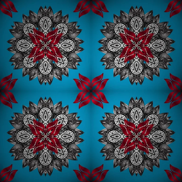 Patrón Azul Gris Rojo Vector Dibujado Mano Zentangle Colores Florales — Vector de stock