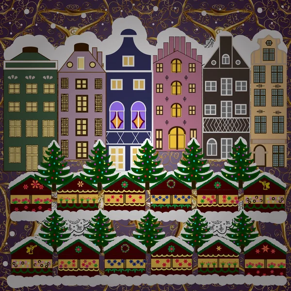 Vektorillustration Weihnachtslandschaft Flach Grußkarte — Stockvektor