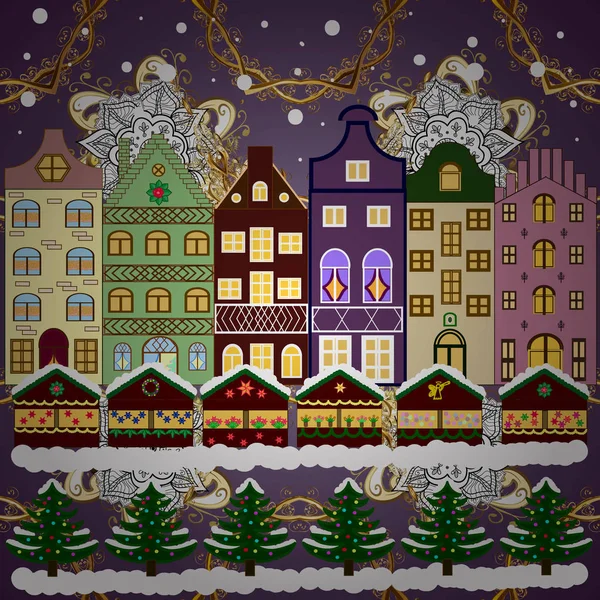 クリスマス ツリーと雪だるま 夜の雪のクリスマス風景の家 ベクトルの図 グリーティング カードや郵便局のカードのためのコンセプト — ストックベクタ