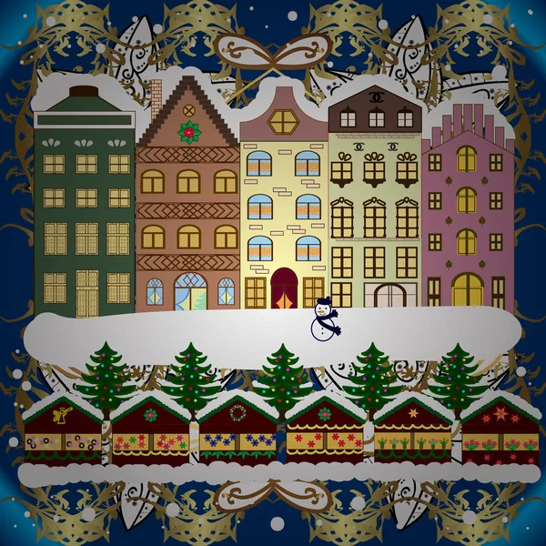 Tarjeta Navidad Happy Holidays Banner Ilustración Vectorial Diseño Plano Paisaje — Vector de stock