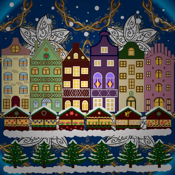 Şehir Kış Manzarası Kar Koyu Mavi Beyaz Evleri Noel Ağacı — Stok Vektör