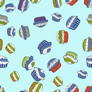 Elle çizilmiş doodle illüstrasyon ile pasta. Vektör çizim. Tatlılar tasarım arka plan. Tarafsız, beyaz ve mavi arka plan üzerine suluboya ile cupcakes seamless modeli.