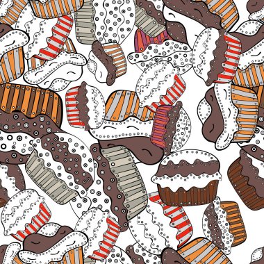 Vektör çizim. Dikişsiz desen cupcakes beyaz, kahverengi ve siyah arka plan üzerinde. Kağıt ambalaj.