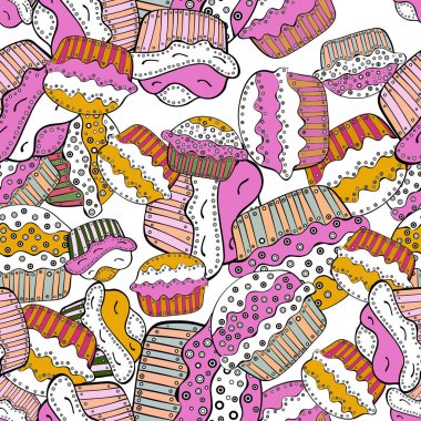 Kağıt ambalaj. Beyaz, pembe ve siyah renk. Sonsuz desen, beyaz, pembe ve siyah arka plan. Krem. Dikişsiz desen tatlı tatlılar. Vektör çizim.