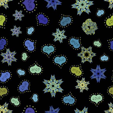 Seamless aşk modeli ile elle çizilmiş doodle kalpler. Sevgililer günü tasarım. Siyah, mavi ve yeşil renkler öğelerinde.