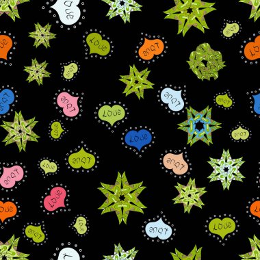 Siyah, yeşil ve nötr renkler öğelerinde kalp kroki. Valentine': s gün. Vektör çizim. Kız, tekstil, giyim için tekrarlanan zemin seviyorum. Kağıt ambalaj. Kesintisiz aşk desen.