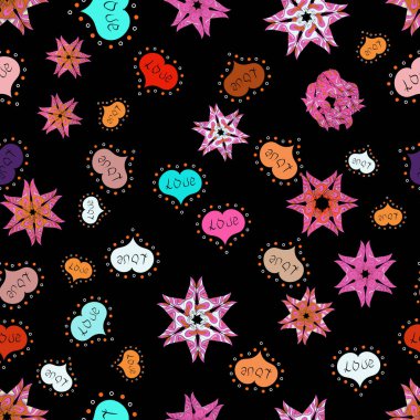 Kesintisiz ilginç tipografi. Farklı öğeler ile tasarım seviyorum. Vektör çizim. Sevgiliye arka plan üzerinde siyah, pembe ve turuncu renkleri.