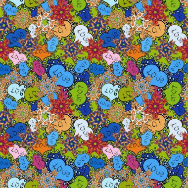 Vektör tasarımı. Grafik kalpleri üzerinde mavi, yeşil ve siyah renkleri seviyorum. Şirin yazı hat metin ve kalpleri, zarflar, kesintisiz aşk desenle doodles. Çizilen illüstrasyon karikatür tarzı el.