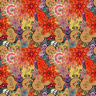 Vektör yaratıcılık için şablon. Doodle kalpleri ve aşk yazıt ile sorunsuz şenlikli doku. Öğeleri turuncu, siyah ve kırmızı renk arka plan üzerinde.