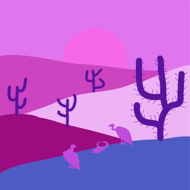 Çizgi film çöl siluetleri kaktüs ve dağ seyahat Afrika manzara düz stil tasarımı pembe, mavi ve mor renkler ile. Vektör çizim.