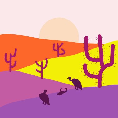 Web ve mobil uygulaması tasarımı, çöl logo kavramı için tarafsız, mor ve sarı zemin üzerine çöl. Vektör çizim.