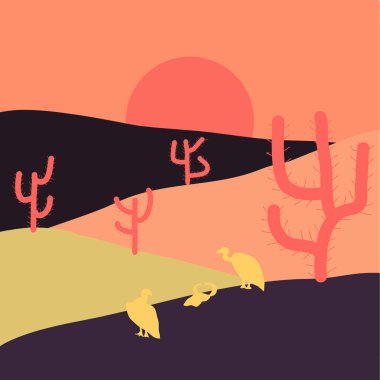 Vektör. Çöl illüstrasyon kaktüs ile arka plan sahne. Turuncu, mor ve kahverengi renkleri resimleri.