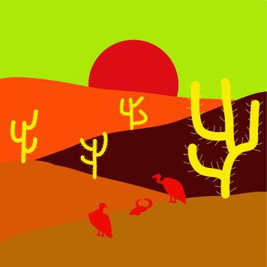 Turuncu, yeşil ve kahverengi renkleri tasarlayın. Sands. Aşırı Turizm ve seyahat. Dağlar. Ufuk çizgisi ile gök. Çöl gezisi. Afrika exploring. Vektör çizim. Doğaya geri. Kuşlar.