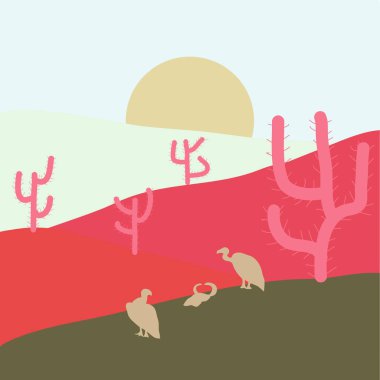 Vektör çizim. Cactuse ve Dağları çöl peyzaj, savaş topu, taş ve kum ile arka plan manzara de günbatımı. Tarafsız, pembe ve kahverengi renkleri üzerinde düz çizgi film.