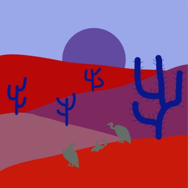 Kırmızı, tarafsız ve mor renkler resimleri. Vektör. Çöl illüstrasyon kaktüs ile arka plan sahne.