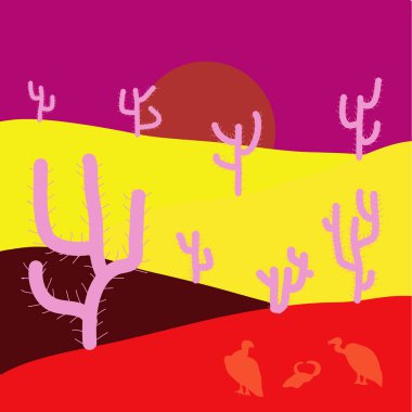 Yatay, kaktüs siluet vektör grafik içinde çöl. Sarı, pembe ve kırmızı renkler manzara.