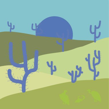 Arka plan mavi, tarafsız ve yeşil renklerde kaktüs ile. Kompozisyon. Vektör çizim. Çöller ve kum tepeleri manzara.