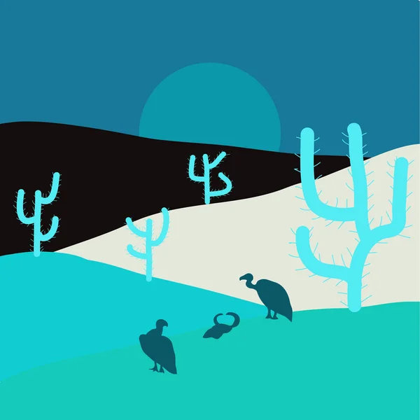 ベクトルの図 Cactuse と砂漠の風景 キャノン 石と砂で背景の夕日の山です ブルー ニュートラル グレー色でフラットの漫画 — ストックベクタ