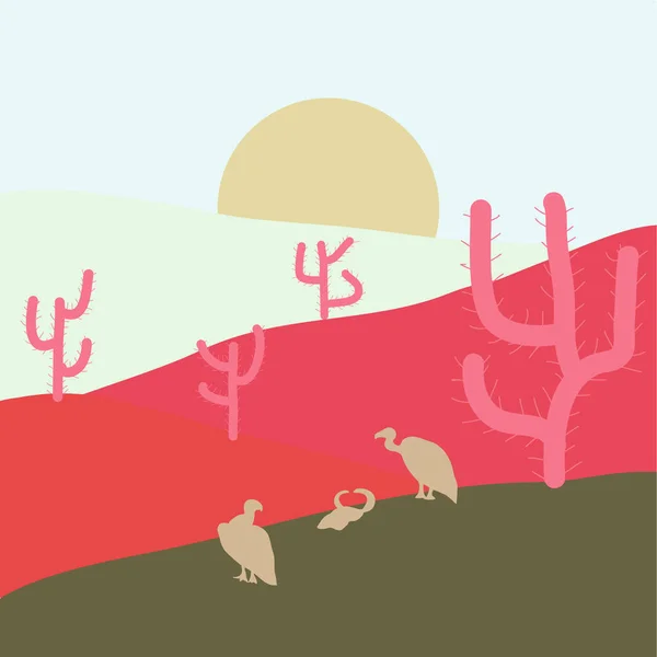 ベクトルの図 Cactuse と砂漠の風景 キャノン 石と砂で背景の夕日の山です 中立的なピンクと茶色の色でフラットの漫画 — ストックベクタ