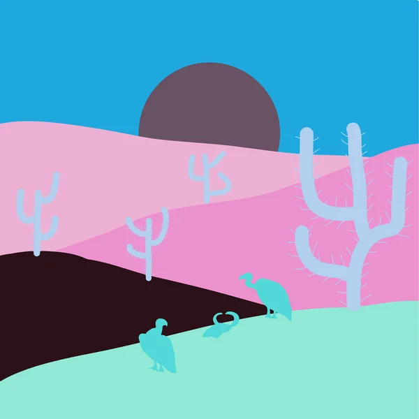 Sketch Desert South America Cacti Prairie Landscape Blue Neutral Pink — Stock Vector