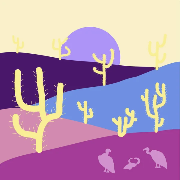 stock vector Sunset on a background of a mountain landscape. Background of landscape with desert, cactus, rocks, hills, mountains. Landscape on purple, beige and blue colors. Cartoon flat game graphic.