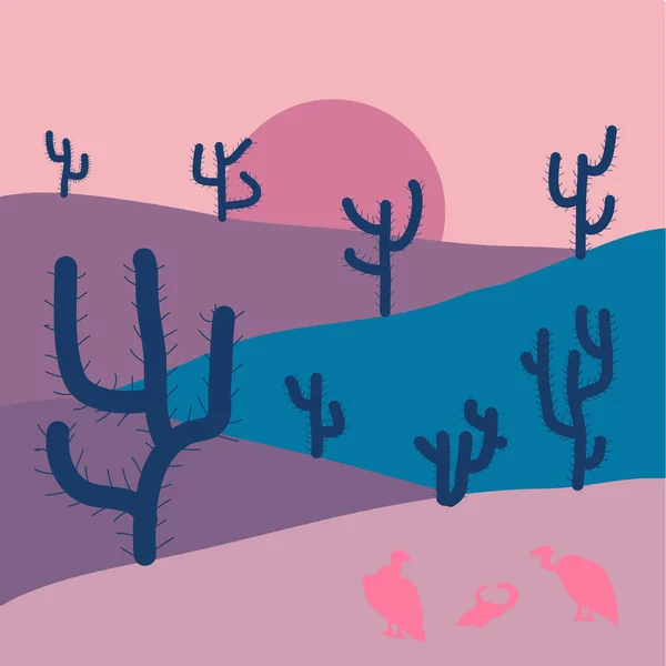 Мягкий Природный Ландшафт Розовым Голубым Фиолетовым Небом Пустыней Вулканами Горами — стоковый вектор