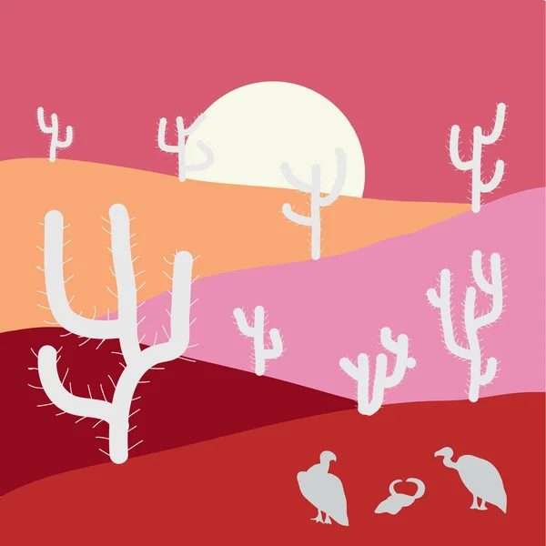 シルエット サボテンと山旅行アフリカ ランドス ケープ フラット スタイル デザイン ピンク 赤とベージュ色の漫画の砂漠 ベクトル図 — ストックベクタ