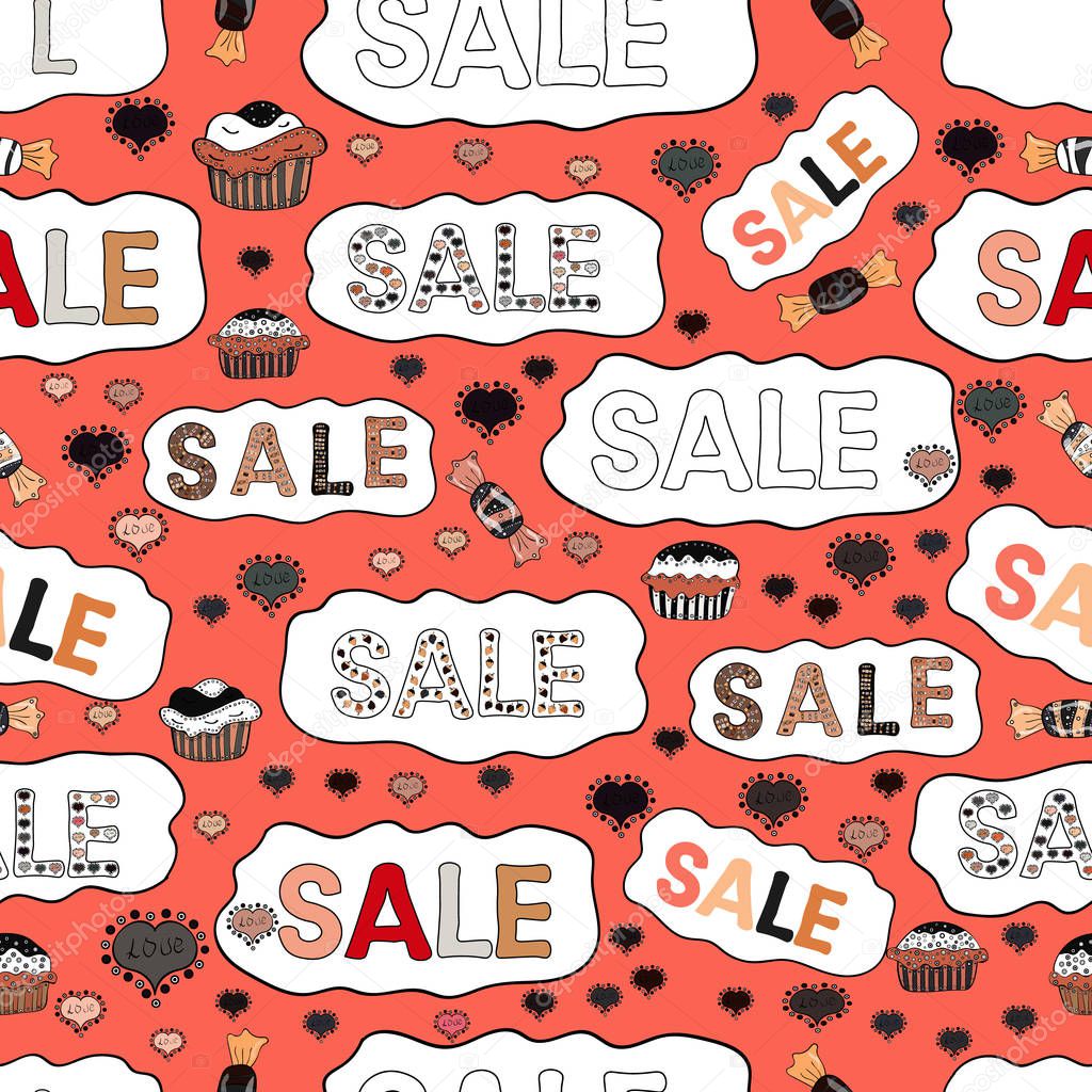 VIP SALE starts today promo banner with lettering word SALE. Vector. Picture in orange, white and black colors. Seamless pattern.SALE Promotion banner, price tag, discount sticker, badge, poster.