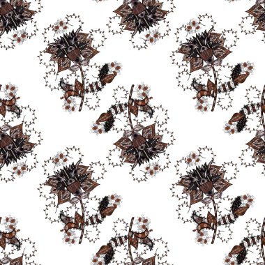 El suluboya allover sorunsuz çiçek ve bitki boyalı. Çiçekler beyaz, kahverengi ve siyah renkler.