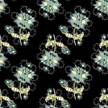 İnanılmaz sorunsuz çiçek desenli parlak renkli çiçek ve yaprak üzerinde bir siyah, beyaz ve mavi renkleri ile. Modern çiçek arka plan. Halk tarzı. Şık moda için şablon yazdırır.