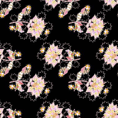 Süslü kumaş deseni. Renkli Bahar Temalı Kusursuz Arkaplan. Vektör illüstrasyonunda kusursuz çiçek deseni. Düz Çiçek Elementleri Tasarımı.