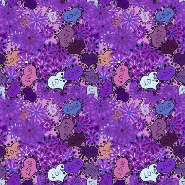 Düğün ve invatation kart kavramı. Menekşe, tarafsız ve mor renkler çizim kroki tarzı. Vektör. Valentine': s gün. Kesintisiz aşk Romantik arka plan vektör yürekleri doodle. Kağıt ambalaj