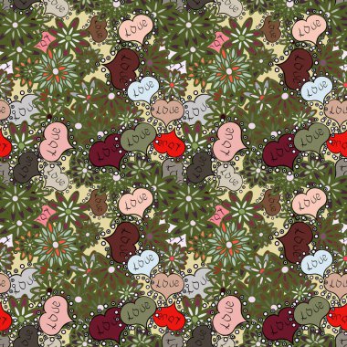 Vektör çizim. Sorunsuz kupa desen. Valentine': s gün kartı sorunsuz arka plan deseni kalp. Sevimli yeşil, gri ve kahverengi renkleri öğeleri. Yinelenen doku.