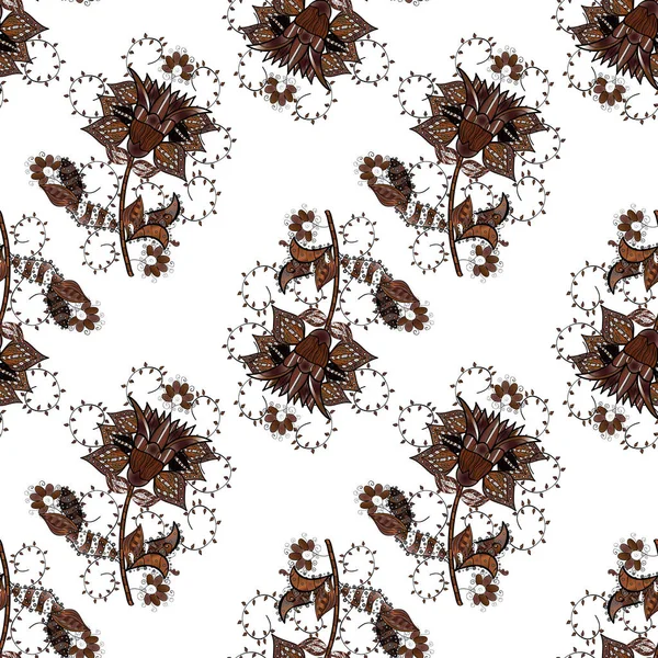 Flowers on white, brown and black colors. Colour Summer Theme seamless pattern Background. Seamless retro pattern with flowers. Flat Flower Elements Design.