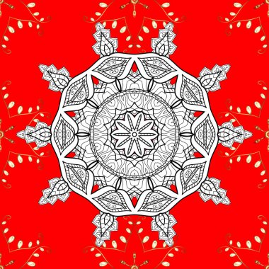 Çiçek desenli. Kırmızı, beyaz ve siyah renkleri altın öğelerinde. Duvar kağıdı Barok, Şam. Sorunsuz vektör arka plan. Şık grafik desen.