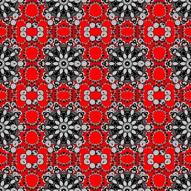 Siyah, kırmızı ve gri renkler renkli elemanları ile Vintage seamless modeli. Noel 2019, kar tanesi, yeni yıl.