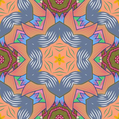 Sorunsuz çiçek desenli vektör çizim içinde. Mavi, bej ve turuncu renkler çiçekler.